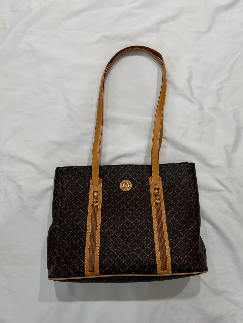 Dark Brown Patterned Tote with Tan Trim